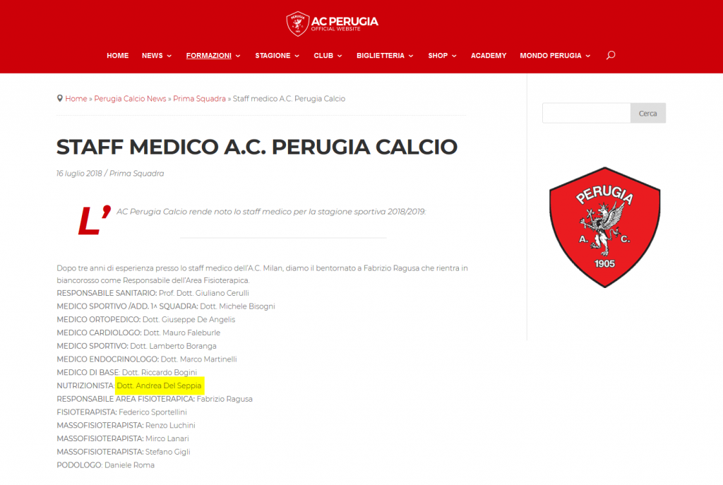 Doct. Andrea Del Seppia, official nutritionist in Perugia Calcio's medical staff for season 2018/2019