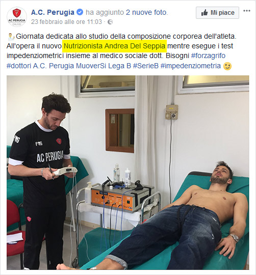 Nutritionist Doct. Andrea Del Seppia carries out a bioimpedance analysis on Nicola Leali, goalkeeper of A.C. Perugia Calcio
