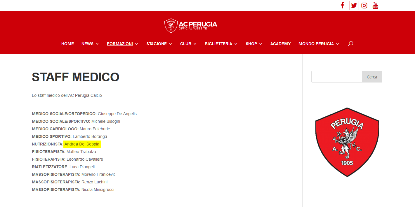 Doct. Andrea Del Seppia, official nutritionist in Perugia Calcio's medical staff